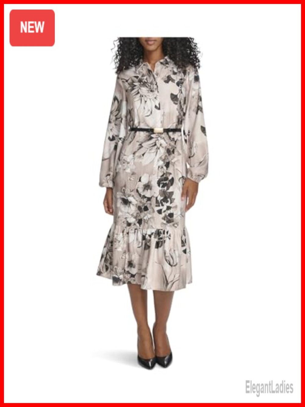 Calvin Klein Long Sleeve Collared Neck Belted Midi Dress